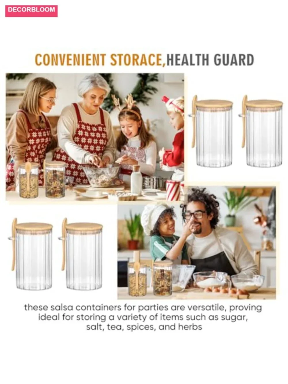 4 Glass Airtight Canisters with Bamboo Lids Spoons Labels 25 oz Each